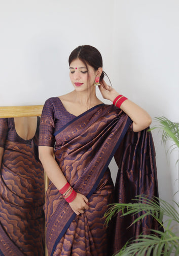Navy Blue Pure Soft Silk Saree With Twirling Blouse Piece