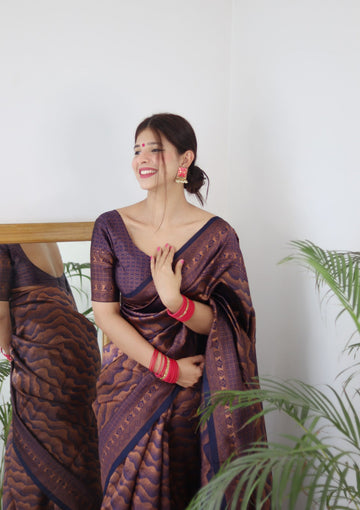 Navy Blue Pure Soft Silk Saree With Twirling Blouse Piece