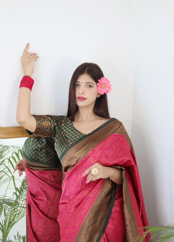 Pink With Green Border Pure Soft Silk Saree With Twirling Blouse Piece