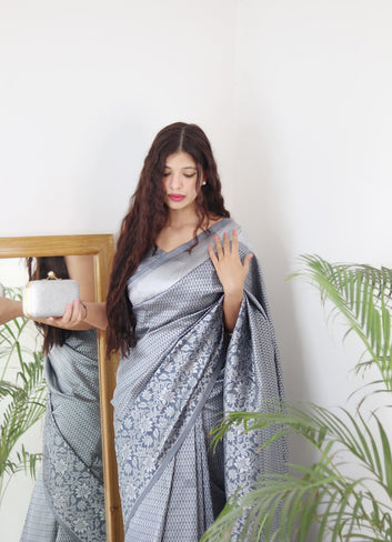Grey Pure Soft Silk Saree With Twirling Blouse Piece