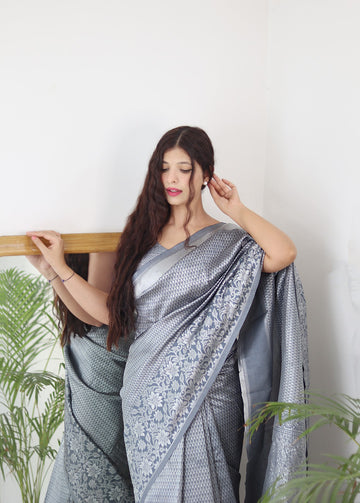 Grey Pure Soft Silk Saree With Twirling Blouse Piece