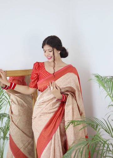 Cream With Orange Border Pure Soft Silk Saree With Twirling Blouse Piece