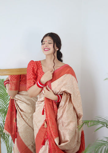 Cream With Orange Border Pure Soft Silk Saree With Twirling Blouse Piece