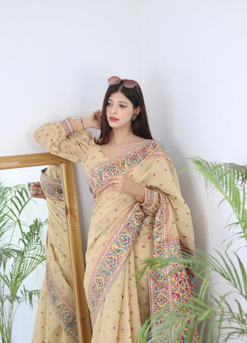Chikoo Pure Soft Kashmiri Handloom Work Saree With Designer Blouse Piece