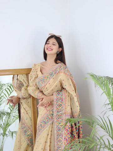 Chikoo Pure Soft Kashmiri Handloom Work Saree With Designer Blouse Piece