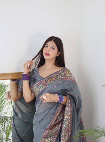 Grey Pure Soft Kashmiri Handloom Work Saree With Designer Blouse Piece