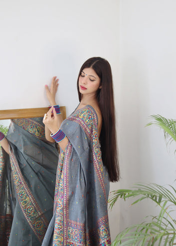 Grey Pure Soft Kashmiri Handloom Work Saree With Designer Blouse Piece