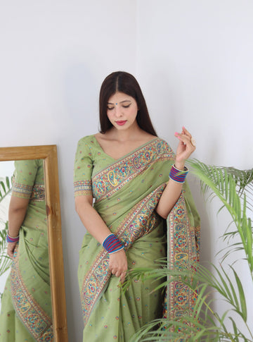 Pista Green Pure Soft Kashmiri Handloom Work Saree With Designer Blouse Piece
