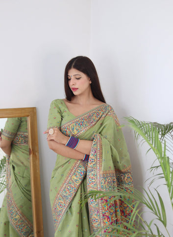 Pista Green Pure Soft Kashmiri Handloom Work Saree With Designer Blouse Piece
