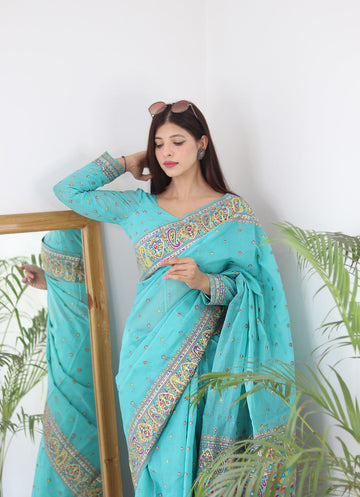 Sky Pure Soft Kashmiri Handloom Work Saree With Designer Blouse Piece