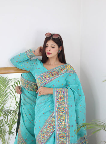Sky Pure Soft Kashmiri Handloom Work Saree With Designer Blouse Piece