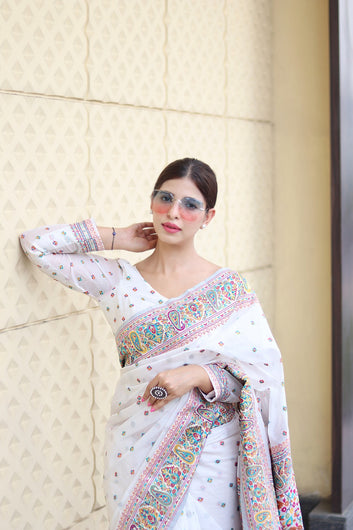 White Pure Soft Kashmiri Handloom Work Saree With Designer Blouse Piece