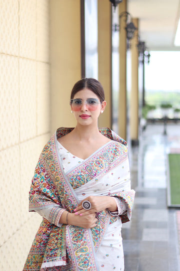 White Pure Soft Kashmiri Handloom Work Saree With Designer Blouse Piece