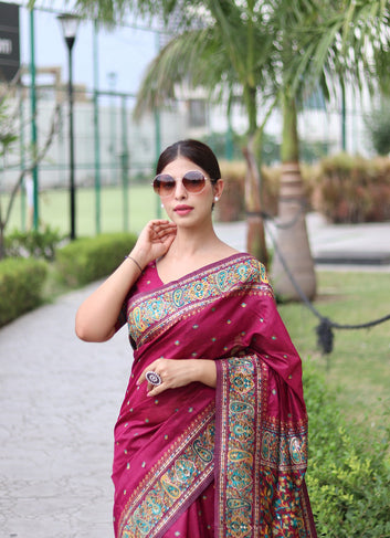 Wine Pure Soft Kashmiri Handloom Work Saree With Designer Blouse Piece