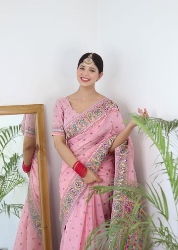 Baby Pink Pure Soft Kashmiri Handloom Work Saree With Designer Blouse Piece