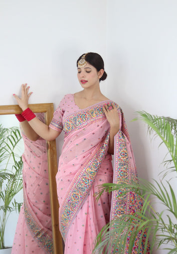 Baby Pink Pure Soft Kashmiri Handloom Work Saree With Designer Blouse Piece