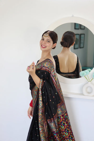 Black Pure Soft Kashmiri Handloom Work Saree With Designer Blouse Piece
