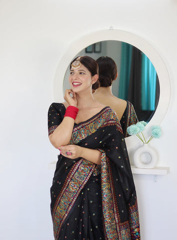 Black Pure Soft Kashmiri Handloom Work Saree With Designer Blouse Piece