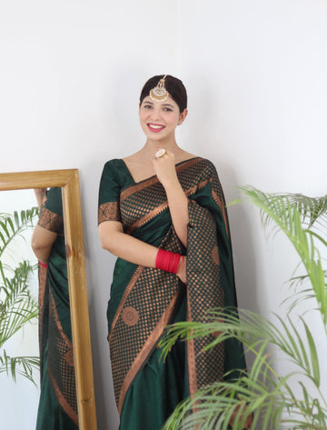 Green Pure Soft Kashmiri Handloom Work Saree With Designer Blouse Piece