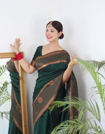 Green Pure Soft Kashmiri Handloom Work Saree With Designer Blouse Piece