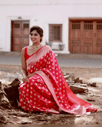 Tomato Red Pure Semi Silk Saree Weaved With Silver Zari.