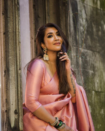 Peach Pure Soft Silk Saree With Twirling Blouse Piece
