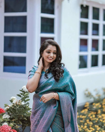 Firozi Semi Silk Saree Weaved With Copper Zari With Attached Heavy Brocade Blouse