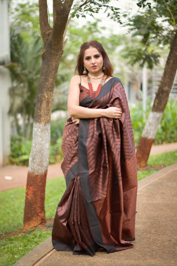 Black Semi Silk Saree Weaved With Copper Zari With Attached Heavy Brocade Blouse
