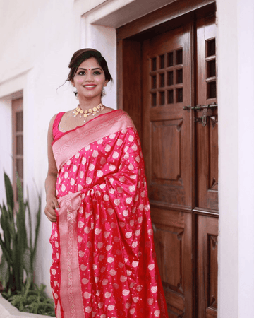 Tomato Red Pure Semi Silk Saree Weaved With Silver Zari.