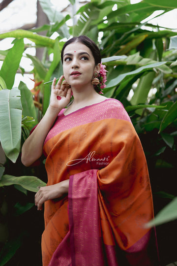 Phenomenal Orange Soft Silk Saree Weaved With Copper Zari With Imbrication Blouse Piece