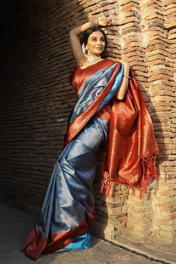 Firozi Soft Semi-Silk Saree With Engrossing Maroon Blouse Piece