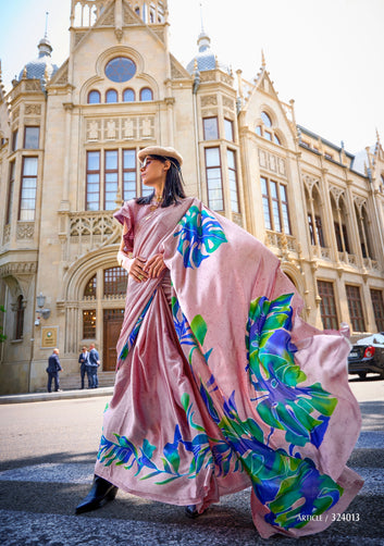 Pure Satin Crape Multi Coloured Printed Saree Comes With Attached Blouse
