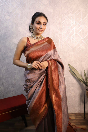 Grey Pure Soft Semi-Silk Saree With Engrossing Maroon Blouse Piece