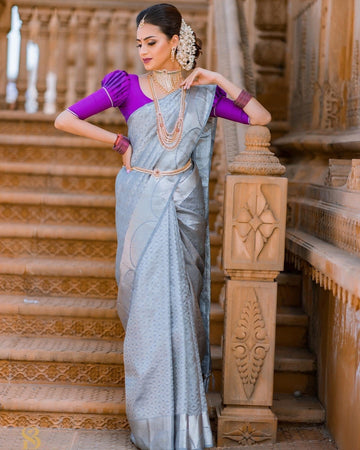 Grey Pure Soft Silk Saree With Twirling Blouse Piece