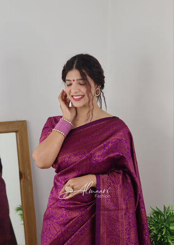 Staring Purple Pure Soft Silk Saree With Tempting Heavy Brocade Blouse Piece