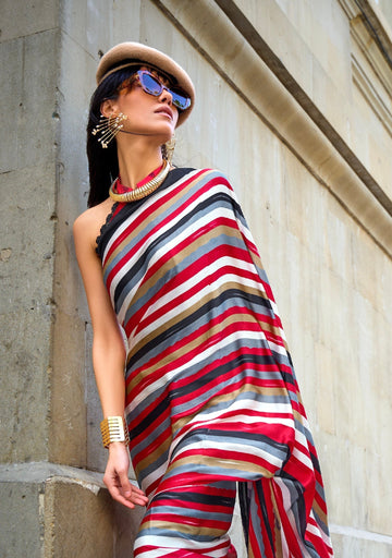 Pure Satin Crape Multi Coloured Printed Saree Comes With Attached Blouse