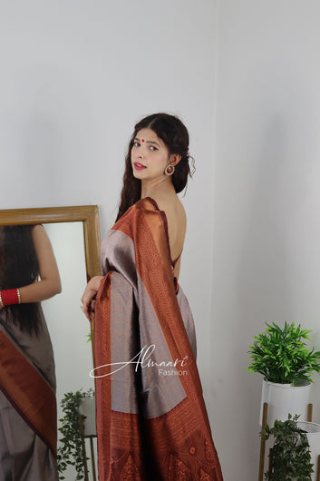 Symmetrical Grey Pure Soft Semi-Silk Saree With Engrossing Maroon Blouse Piece