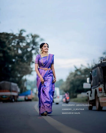Violet Semi Silk Saree Weaved With Copper Zari With Attached Heavy Brocade Blouse