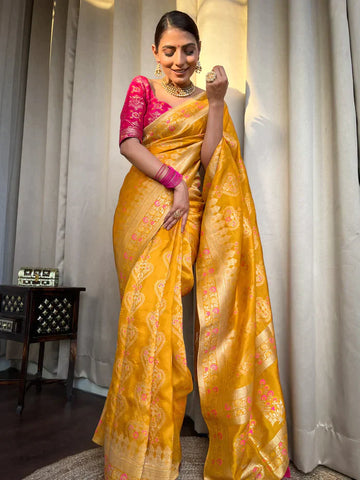 Yellow Pure Soft Silk Saree With Twirling Blouse Piece
