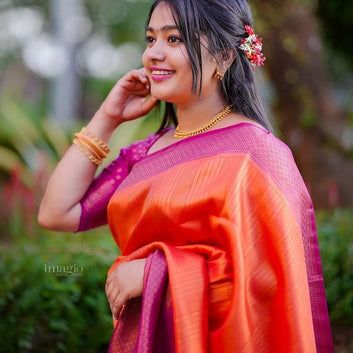 Orange & Pink Pure Soft Silk Saree With Twirling Blouse Piece