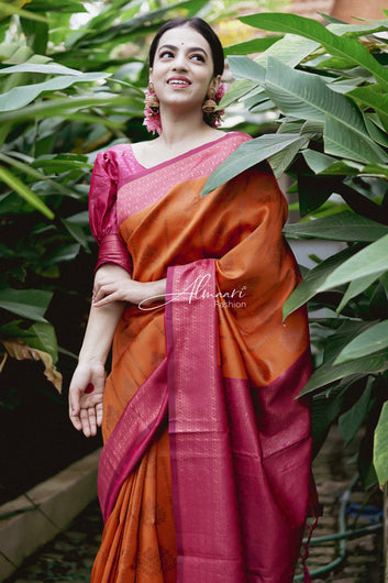 Phenomenal Orange Soft Silk Saree Weaved With Copper Zari With Imbrication Blouse Piece
