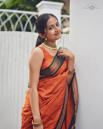 Orange & Dark Green Combination Pure Soft Semi Silk Saree With Attractive Blouse Piece