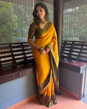 Yellow & Green Pure Soft Silk Saree With Energetic Blouse Piece