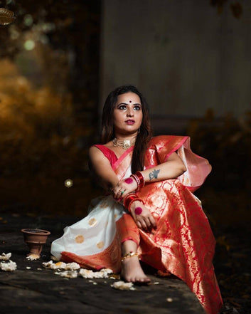 White & Red Pure Soft Silk Saree With Twirling Blouse Piece