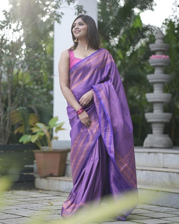 Violet Semi Silk Saree Weaved With Copper Zari With Attached Heavy Brocade Blouse