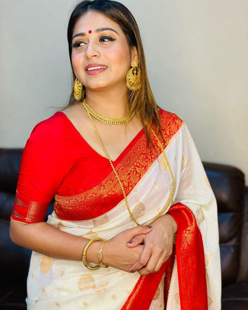 White & Red Pure Soft Kota Silk Saree With Lovely Blouse Piece