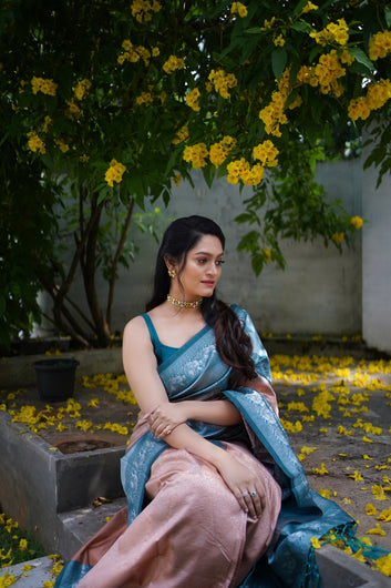 Peach & Firozi  Soft Silk Saree With Attractive Blouse Piece