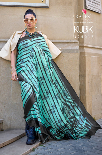 Pure Satin Crape Multi Coloured Printed Saree Comes With Attached Blouse