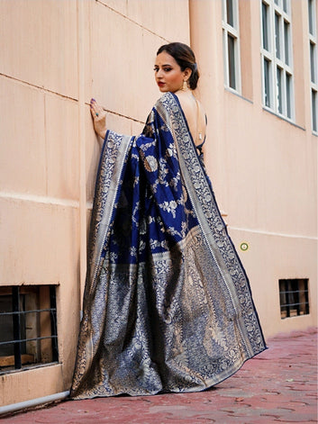 Navy Blue Semi Silk Saree Weaved With Copper Zari With Attached Heavy Brocade Blouse