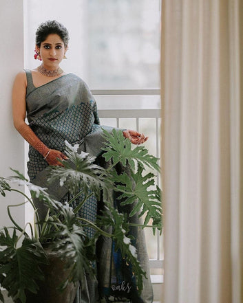 Rama Semi Silk Saree Weaved With Copper Zari With Attached Heavy Brocade Blouse